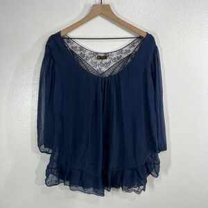 Amanti Silk & Lace Ruffle Blouse Navy Blue Made in Italy Sheer Layered Large